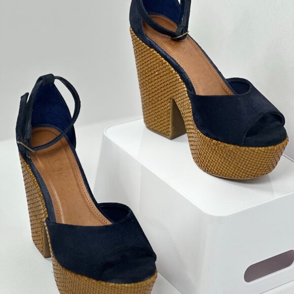 Mr. Cat Peep Toe Suede Sandals Wedge High Heels Woven Platform Shoes Size 6 - Picture 7 of 16